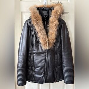 RUDSAK Black Leather Jacket with Brown Fur Trim